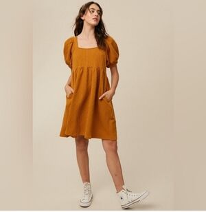 Bohme Edema Mustard‎ Puff Sleeve Babydoll Dress Size Meduim
